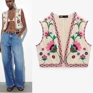 Zara Floral Embroidered Vest - Cream and Pink